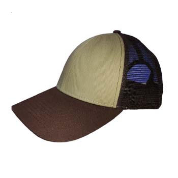 gorra de malla café con visera curva café y frente caqui
