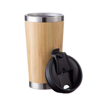 vaso de acero inoxidable con cubierta de bambú con tapa negra 17oz