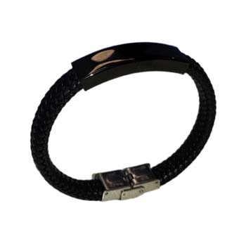 pulsera negra de cuero con placa de acero inoxidable para grabado laser